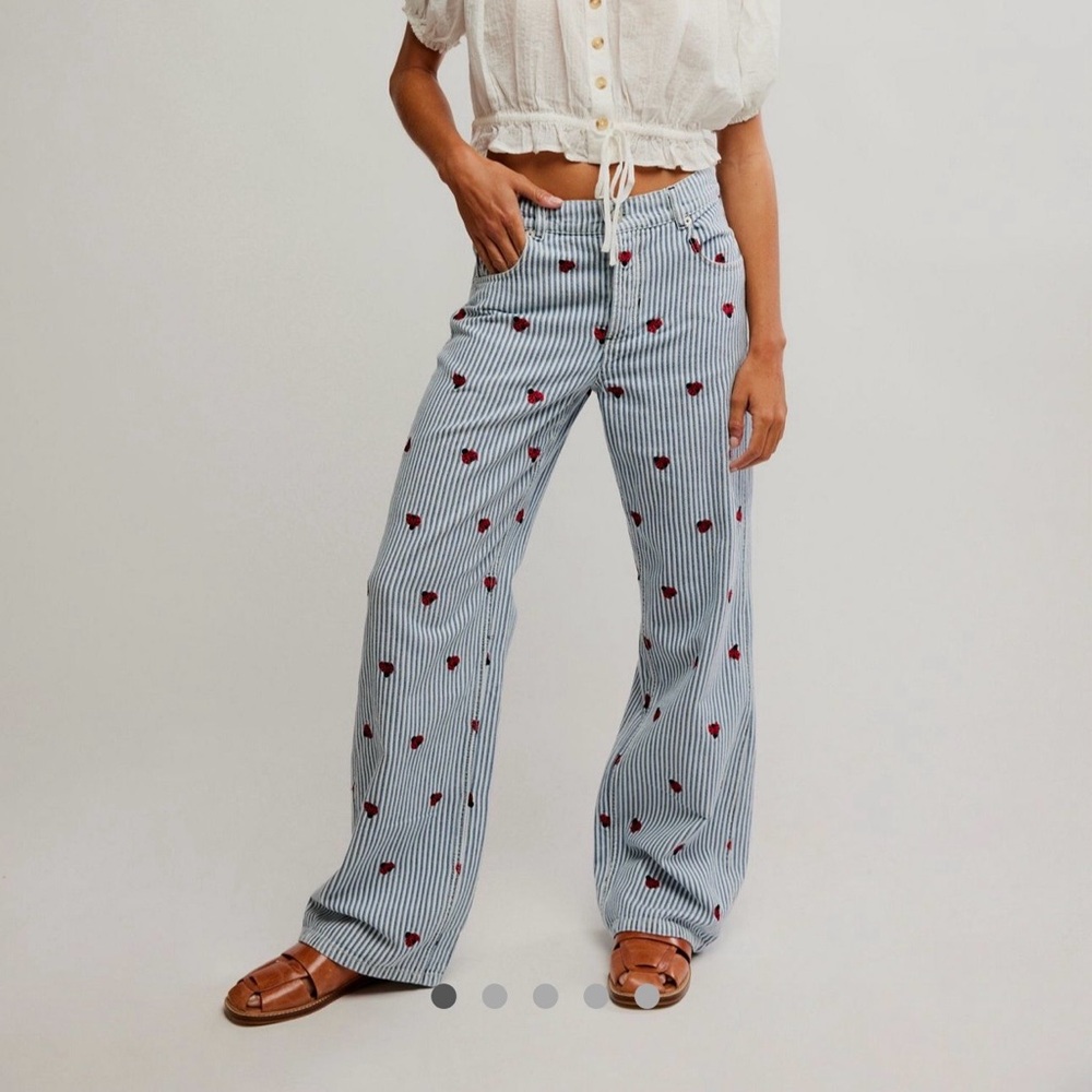 Embroidered Ladybugs Stripe Wide-Leg Jeans - White/Blue
